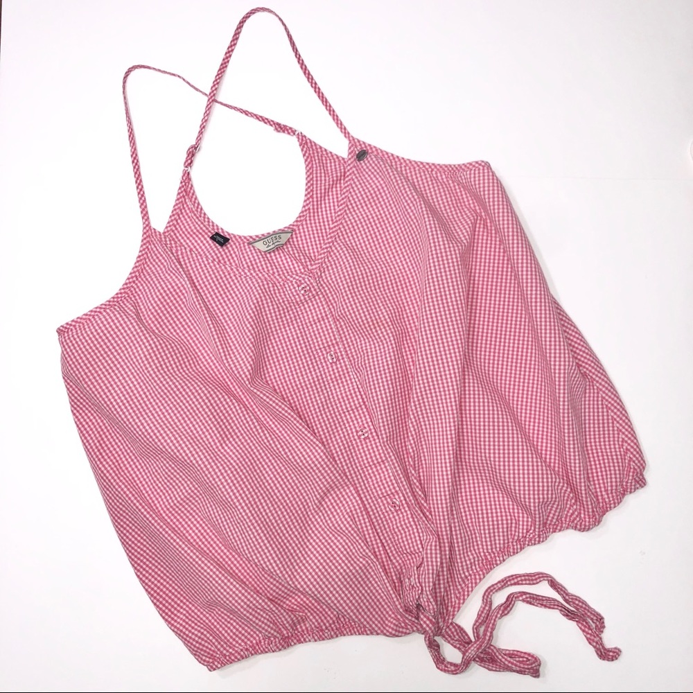 Guess Sleeveless Top Front Tie Knot Pink Plaid